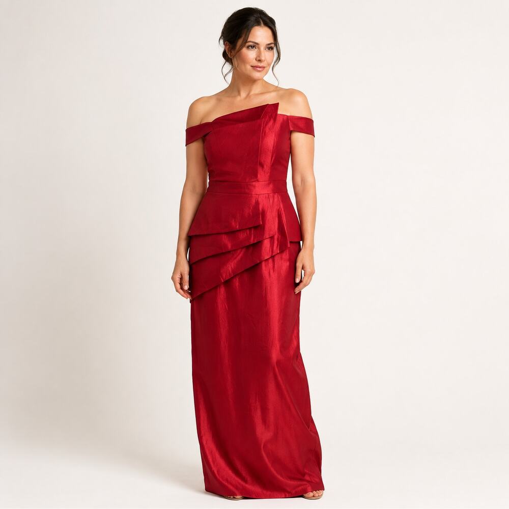 Black Halo Eve La Reina Red Off Shoulder Peplum Maxi Gown Dress 12 NWT
